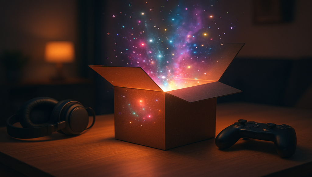 Ανοιχτό mystery box με φωτεινά εφέ και gaming αντικείμενα σε γραφείο