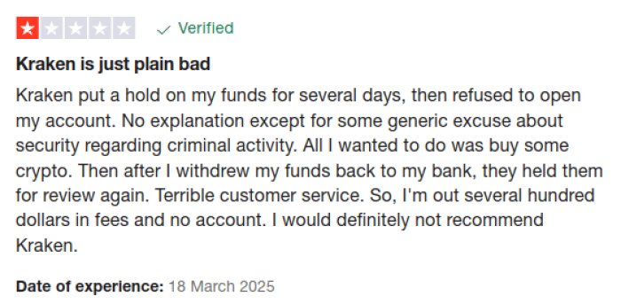 Negative Kraken reviews often reference account freezes, likely due to KYC issues.