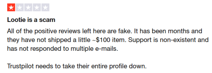 A negative Lootie TrustPilot review.