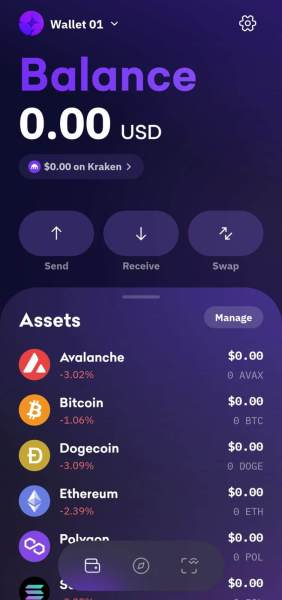 Overview of Kraken Wallet’s mobile interface.
