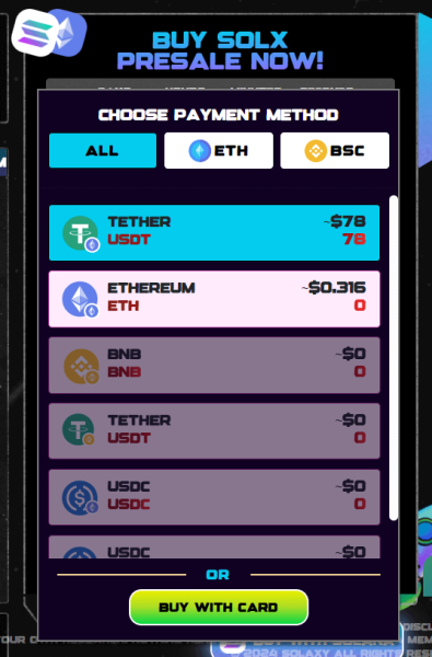 Payment methods for Solaxy include Ethereum, stablecoins, and fiat.
