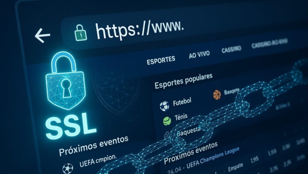 Rivalo é confiável? image of a secure web interface with HTTPS bar, a glowing SSL lock icon, and data encryption graphics overlaying a betting site
