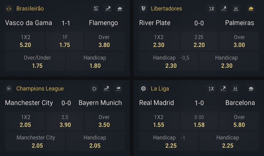 Esportes e mercados disponíveis na Rivalo, [image of a split-screen showing four football matches from different leagues (Brasileirão, Libertadores, Champions League, La Liga), with betting odds overlayed and icons for different bet types like 1X2, over/under, handicap, and corner bets
