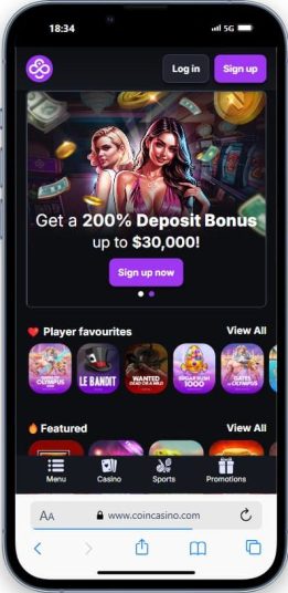 The CoinCasino homepage on mobile.