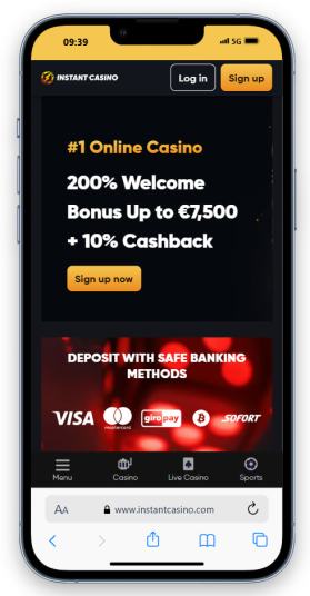 The Instant Casino homepage on mobile.