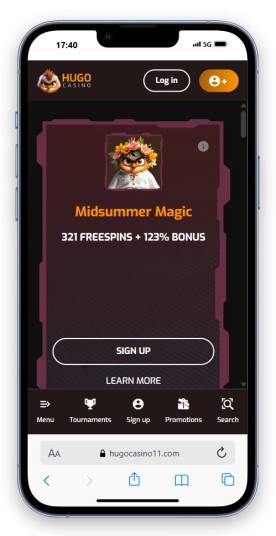 The Hugo Casino homepage on mobile.