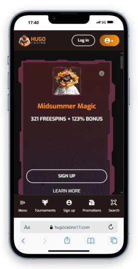 The Hugo Casino homepage on mobile.