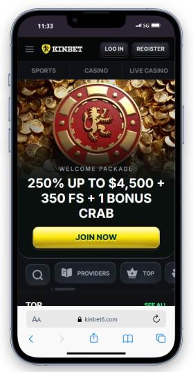 The Kinbet homepage on mobile.