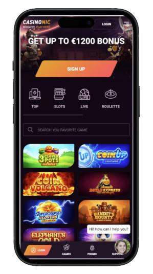 The Casinonic homepage on mobile.
