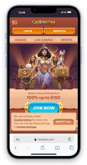 Cleobetra mobile homepage with Egyptian queen theme offering sport welcome bonus 100% up to $150