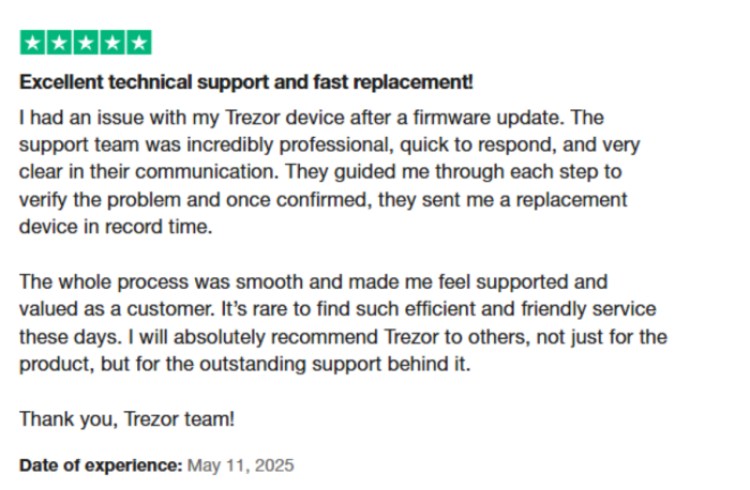Trezor review on TrustPilot