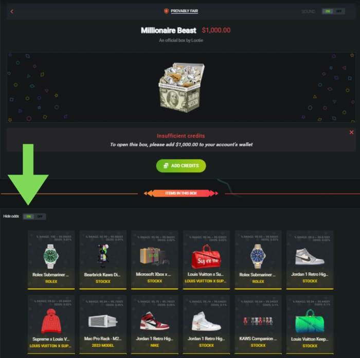 The option to view reward odds on Lootie.