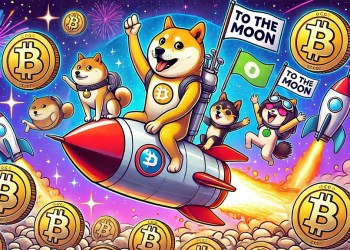 كلاب من نوع شيبا إينو تحلق في الفضاء مع الصواريخ وسط ألعاب نارية وعملات تحمل شعار بيتكوين وتحمل أعلاماً مكتوب عليها "إلى القمر"