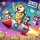 كلاب من نوع شيبا إينو تحلق في الفضاء مع الصواريخ وسط ألعاب نارية وعملات تحمل شعار بيتكوين وتحمل أعلاماً مكتوب عليها "إلى القمر"