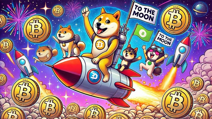 كلاب من نوع شيبا إينو تحلق في الفضاء مع الصواريخ وسط ألعاب نارية وعملات تحمل شعار بيتكوين وتحمل أعلاماً مكتوب عليها "إلى القمر"