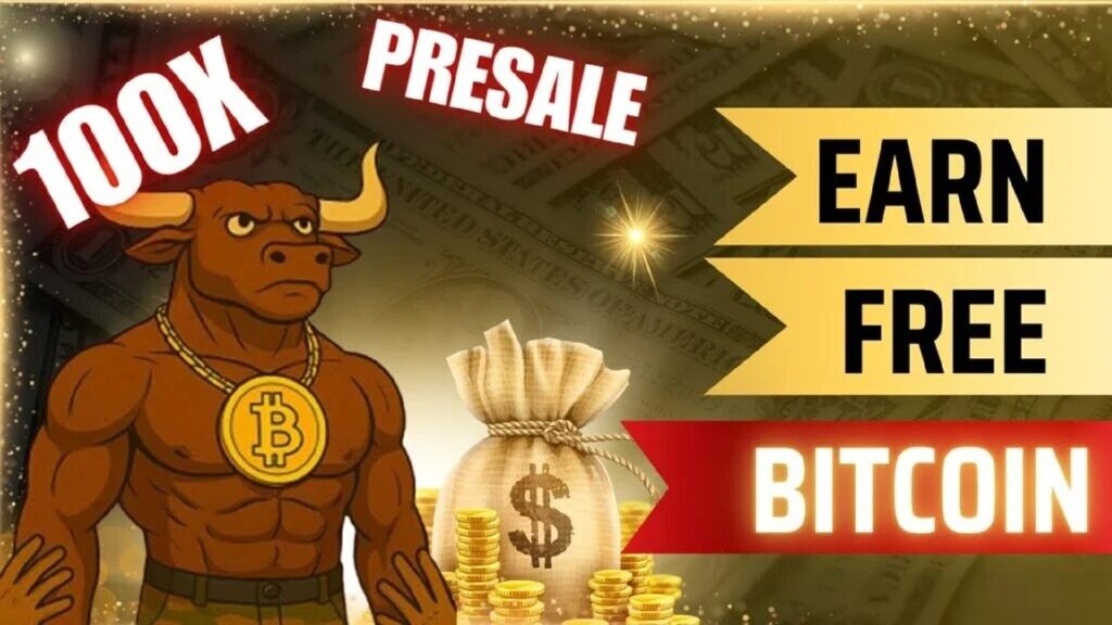 شخصية مشروع Bitcoin Bull وعبارات تشير إلى أن المشاركة في اكتتاب عملة BTCBULL تتيح "كسب أرصدة مجانية من عملة بيتكوين" و"تحقيق مكاسب بنحو 1,000%"