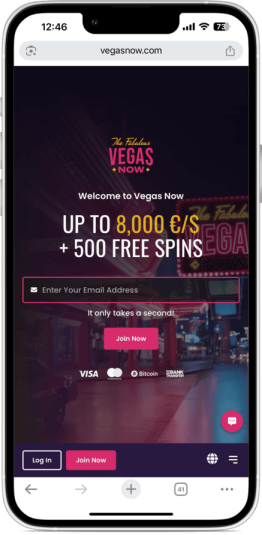 Vegas Now homepage on mobile