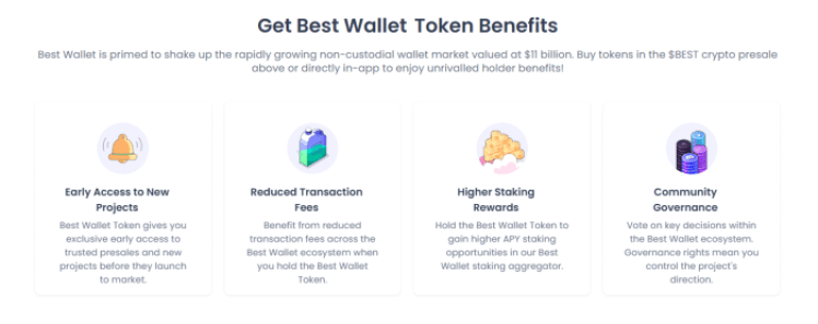 Best Wallet's token benefits include early access to new presales, lower transaction fees, and community governance.