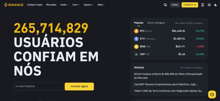 Binance: plataforma mais conhecida, maior volume de SOL, muitos recursos