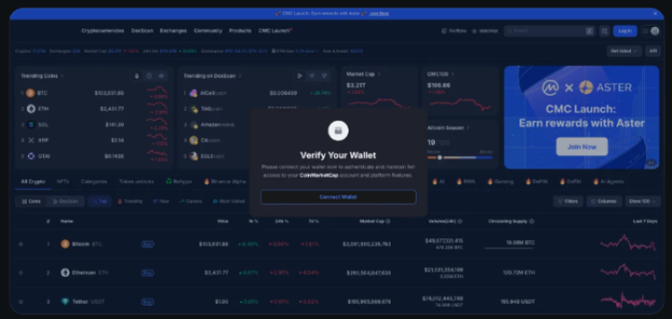 CoinMarketCap homepage showed an authentic-looking 'connect your wallet' popup.