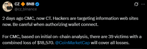 CZ posted a CMC hack warning on X, highlighting on-chain data showing 39 victims and $18K losses.