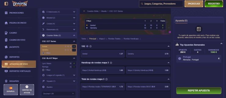 Divaspin cuenta con algunas de las cuotas de los e-Sports más altas del mercado