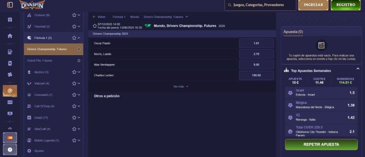 En Divaspin ya puedes hacer tus apuestas por el campeón del Mundial de Fórmula 1