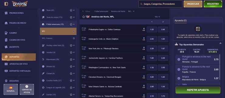 En Divaspin dispones de apuestas para la NFL durante toda la temporada
