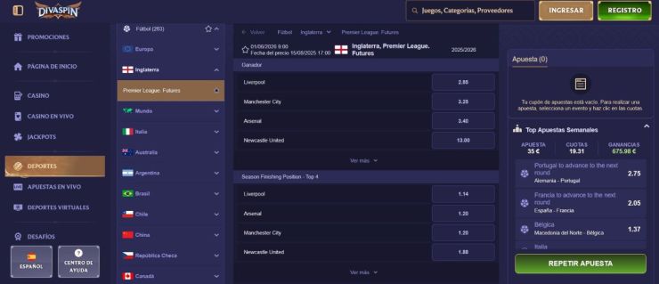 Consulta las cuotas de la Premier League actualizadas en Divaspin
