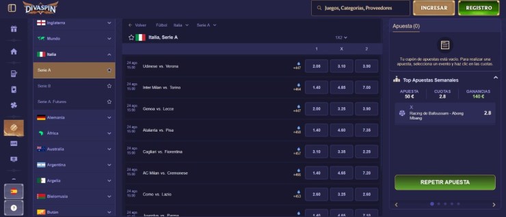Las predicciones de la Serie A ya están activas en Divaspin con bonos y promociones disponibles