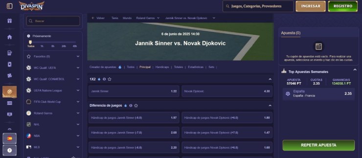 Divaspin ofrece pronósticos de tenis pre-partido y también en vivo