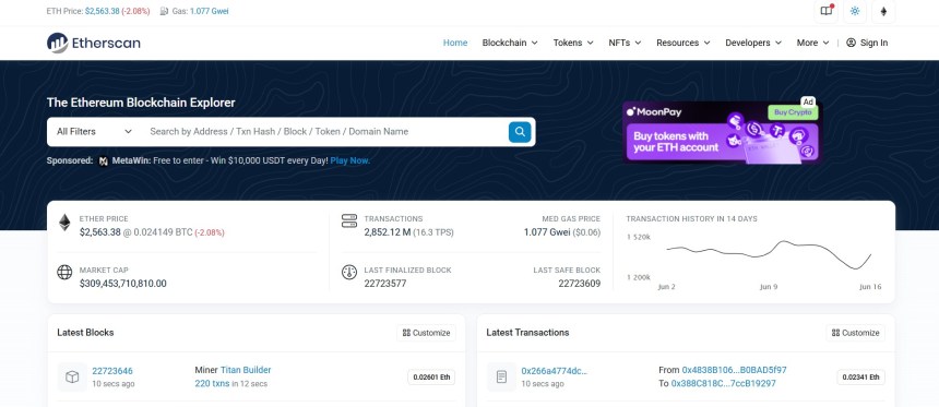 Etherscan é um explorador de blocos na Ethereum