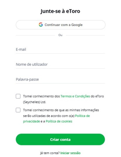 Formulário de Cadastro eToro