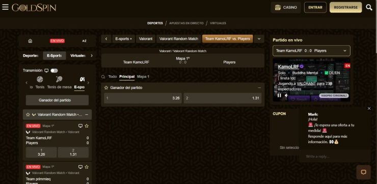 Puedes hacer apuestas en los e-Sports desde el menú de apuestas en vivo de Goldspin