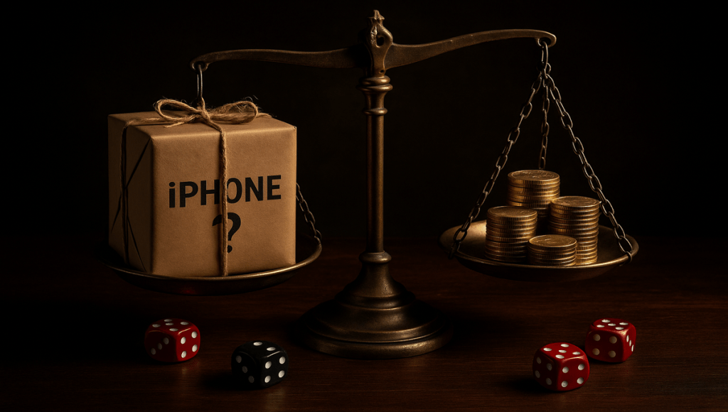 Ζυγαριά με mystery box iPhone και χρυσά νομίσματα σε σκηνικό καζίνο