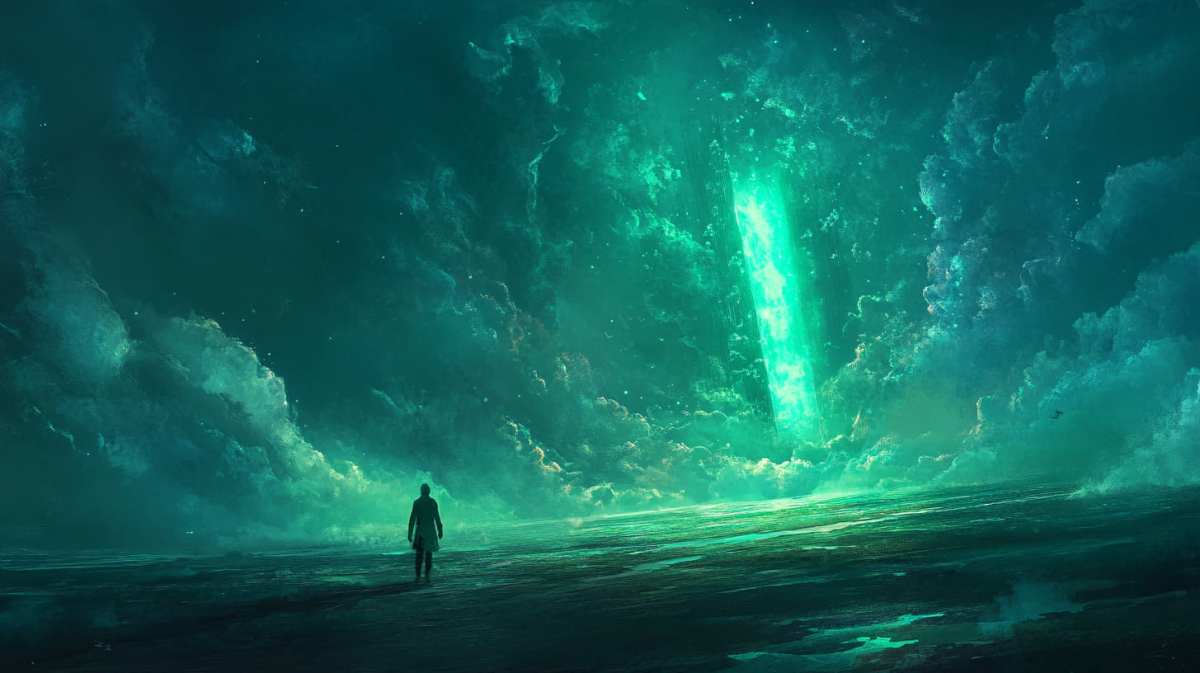 青色世界の中に光る柱