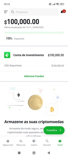 Menu de investimentos do aplicativo