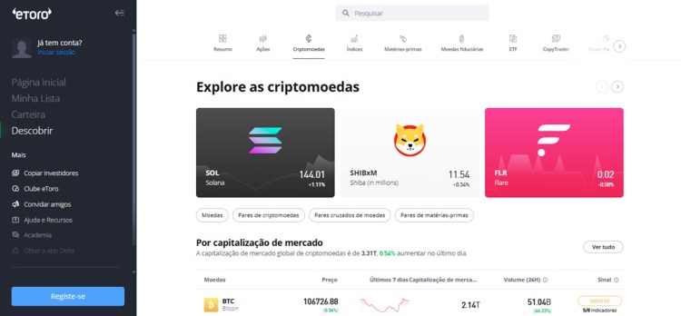 Print da interface da plataforma eToro