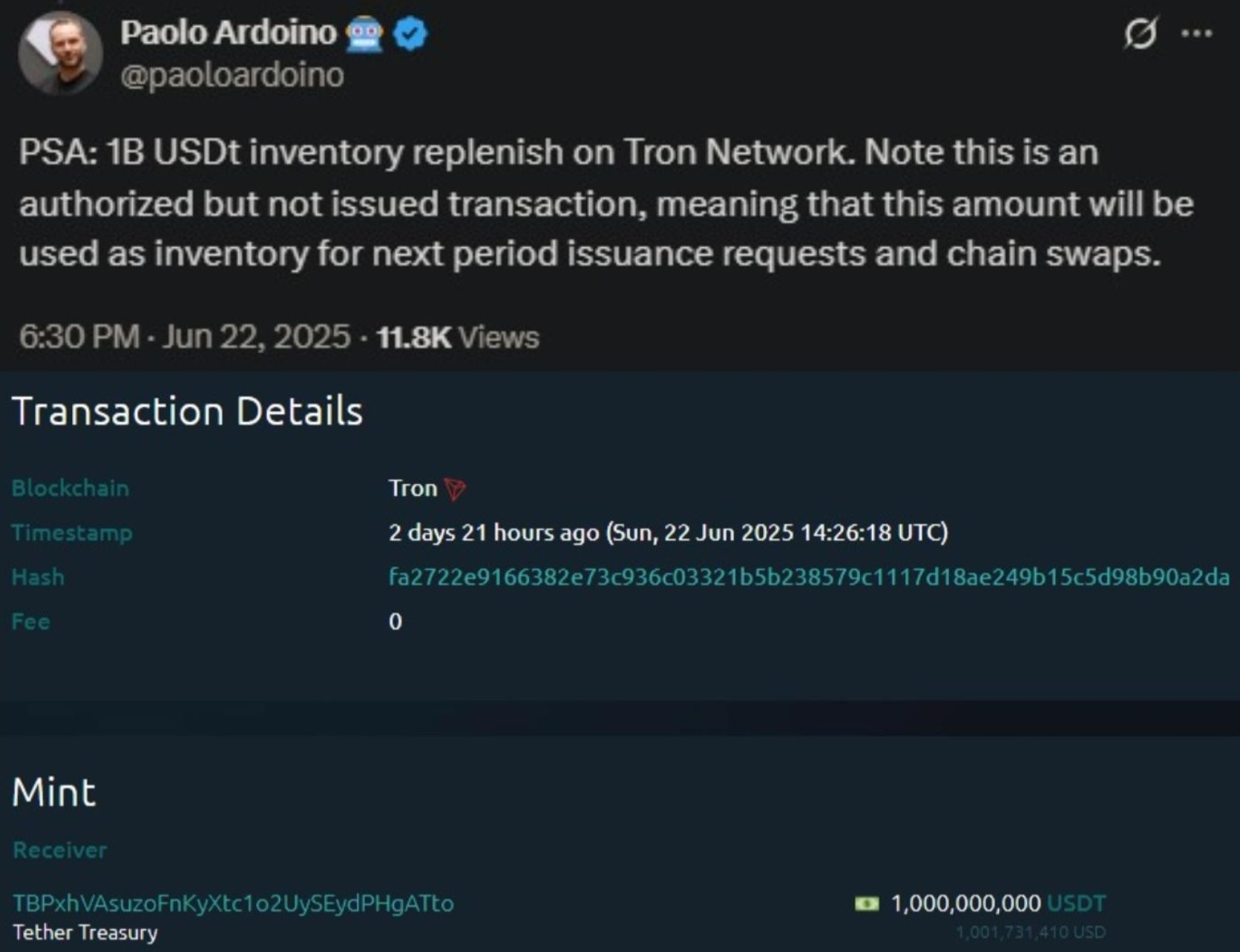 Inventory replenish of Tron with Paolo Ardoino message