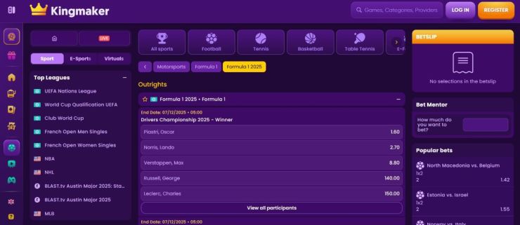 En Kingmaker puedes hacer apuestas de la Fórmula 1 por cada uno de los pilotos de la parrilla