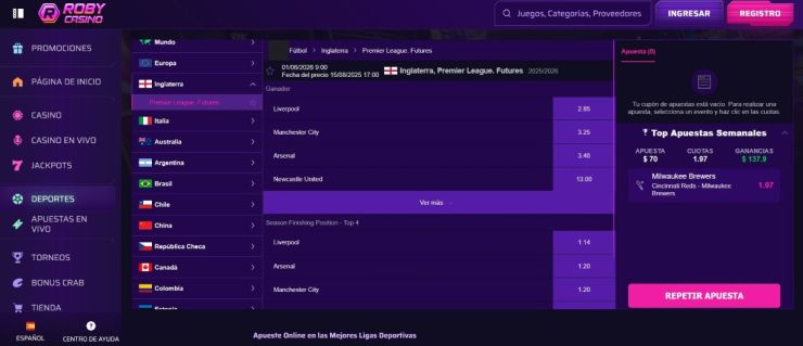 Las predicciones de la Premier League en Roby Casino cuentan con cuotas actualizadas