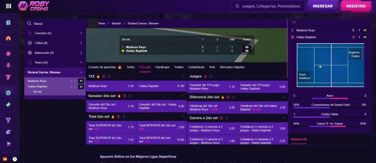 Roby Casino admite pronósticos de Roland Garros pre-match y en vivo