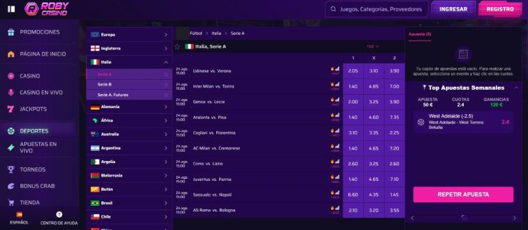 Roby Casino cuenta con cuotas de la Serie A para cada enfrentamiento de la temporada