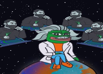 شعار عملة سولاكسي المستوحى من شخصية آينشتاين على كوكب الأرض محاطاً بأشخاص يحملون أوراقاً نقدية 