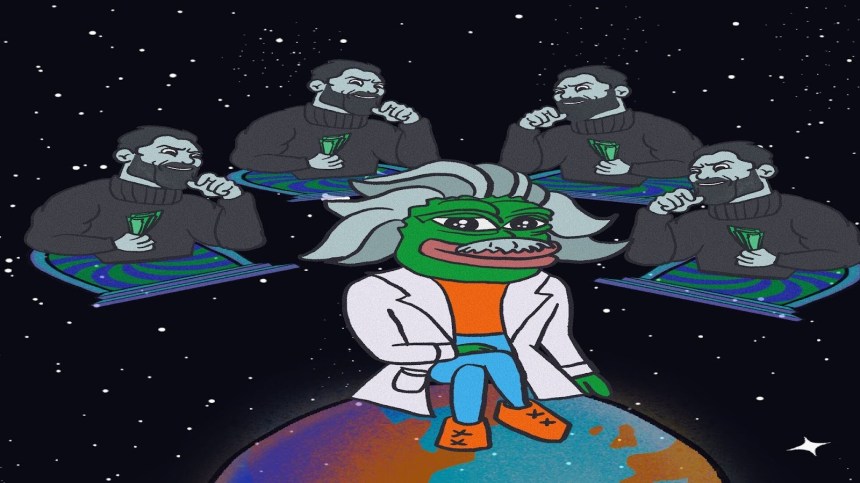 شعار عملة سولاكسي المستوحى من شخصية آينشتاين على كوكب الأرض محاطاً بأشخاص يحملون أوراقاً نقدية 