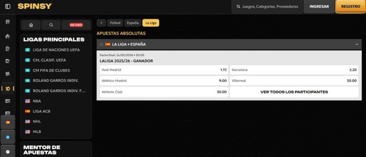 En Spinsy puedes hacer apuestas de LaLiga por el equipo campeón del próximo año