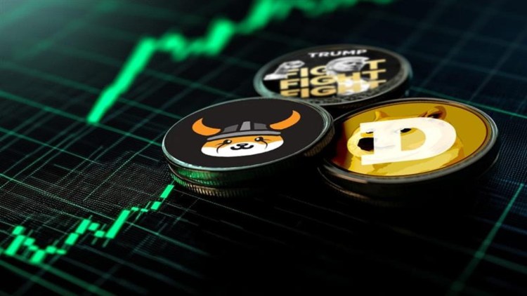 شعارت عملات ميم متنوعة على شاشة تداول تظهر شموع تداول خضراء