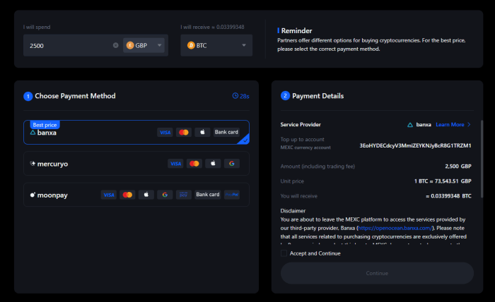 A billing page when buying crypto from MEXC.