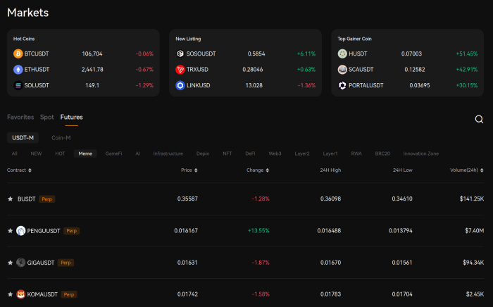 BloFin’s niche assets listings in the Markets section.
