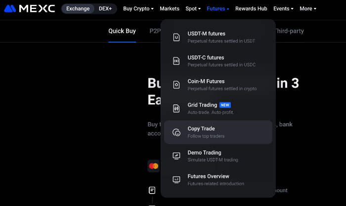 Copy Trade drop-down menu on MEXC.